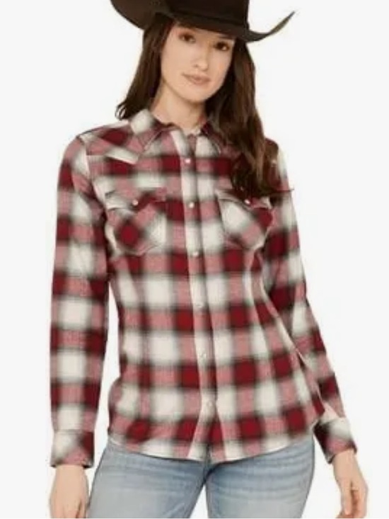 Wrangler Tops - Wrangler NWT Retro Shirt Womens Red Pearl Snap Plaid Flannel Long Sleeve Small